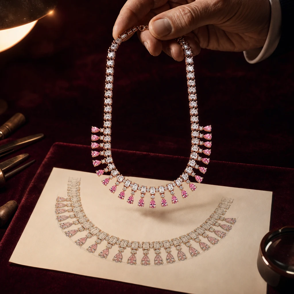 Jeweller's hand holding a rose-gold diamond necklace with pink pear-shaped drops above its pencil design drawing on burgundy velvet.