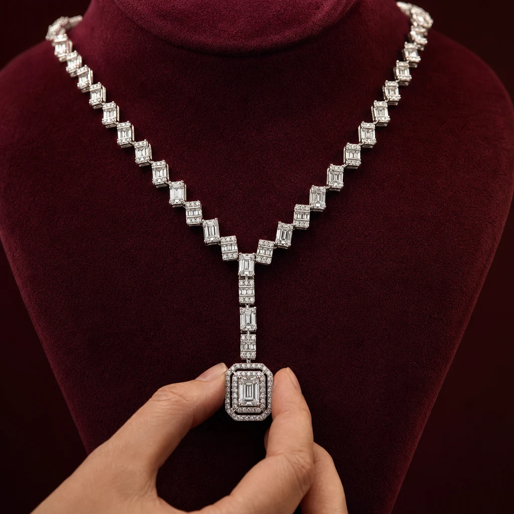 Jeweller's fingers straightening the emerald-cut diamond drop of a white-gold Y-necklace on a burgundy velvet bust.