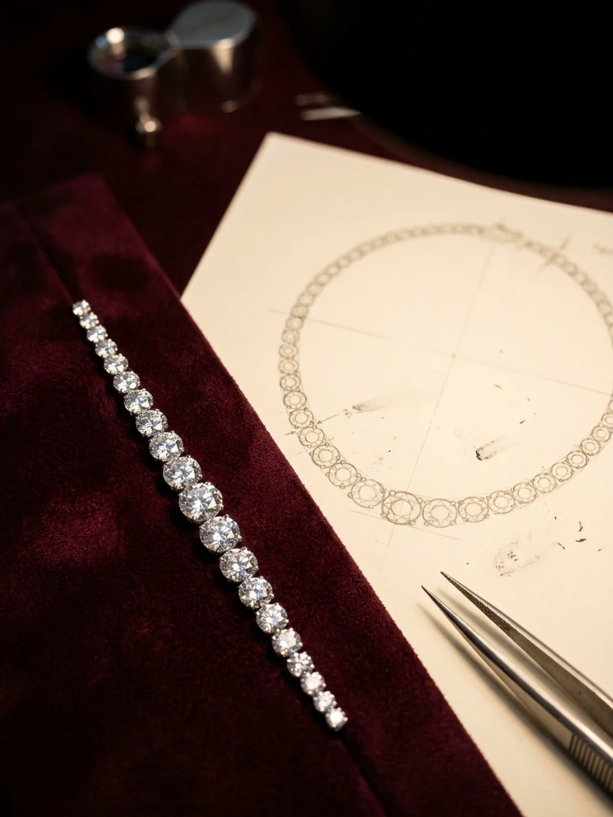 Graduated row of loose white diamonds on burgundy velvet beside a pencil drawing of a diamond necklace.