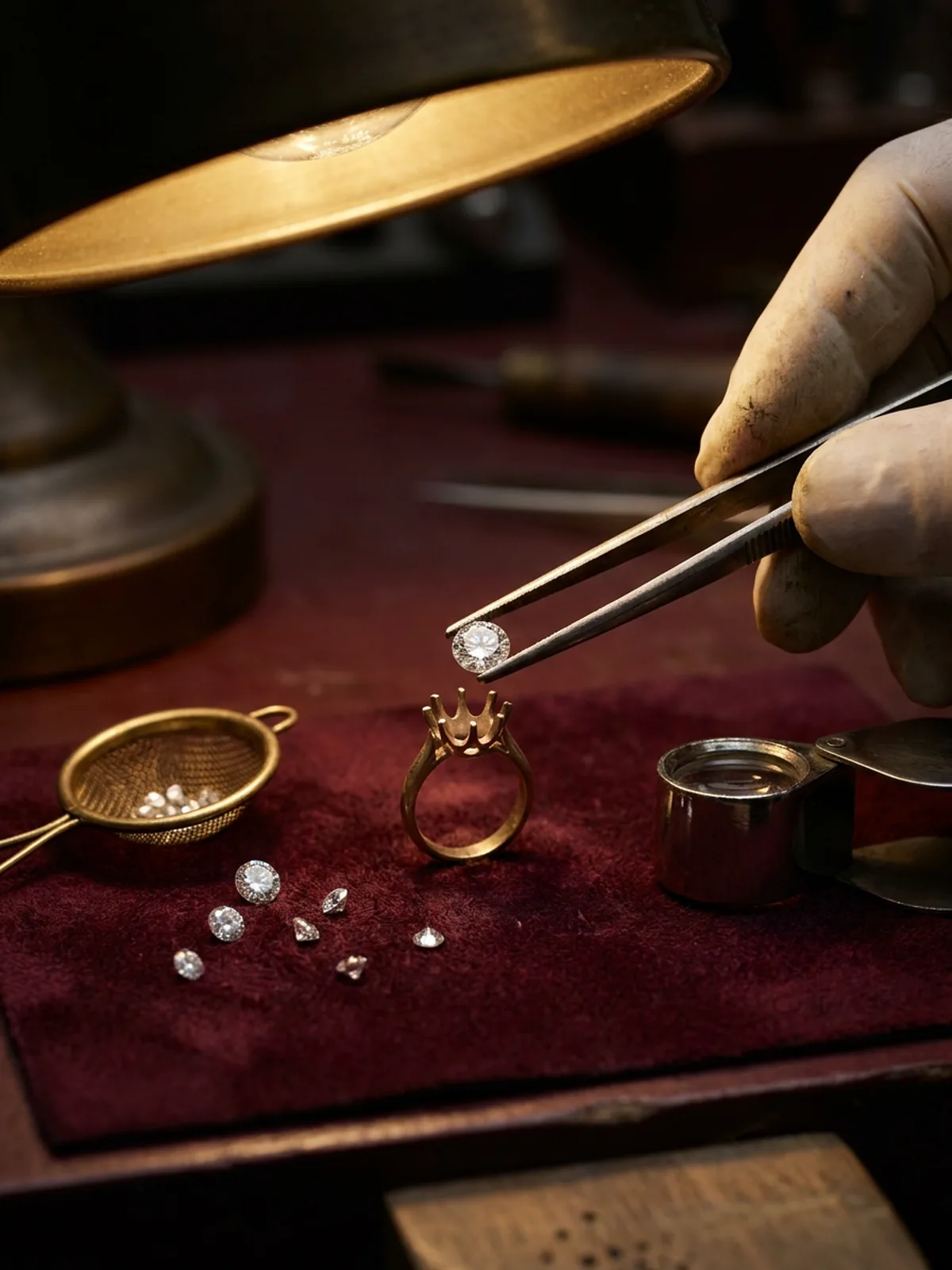 Tweezers lifting a single diamond above an empty gold claw setting, with loose stones and a loupe on velvet.