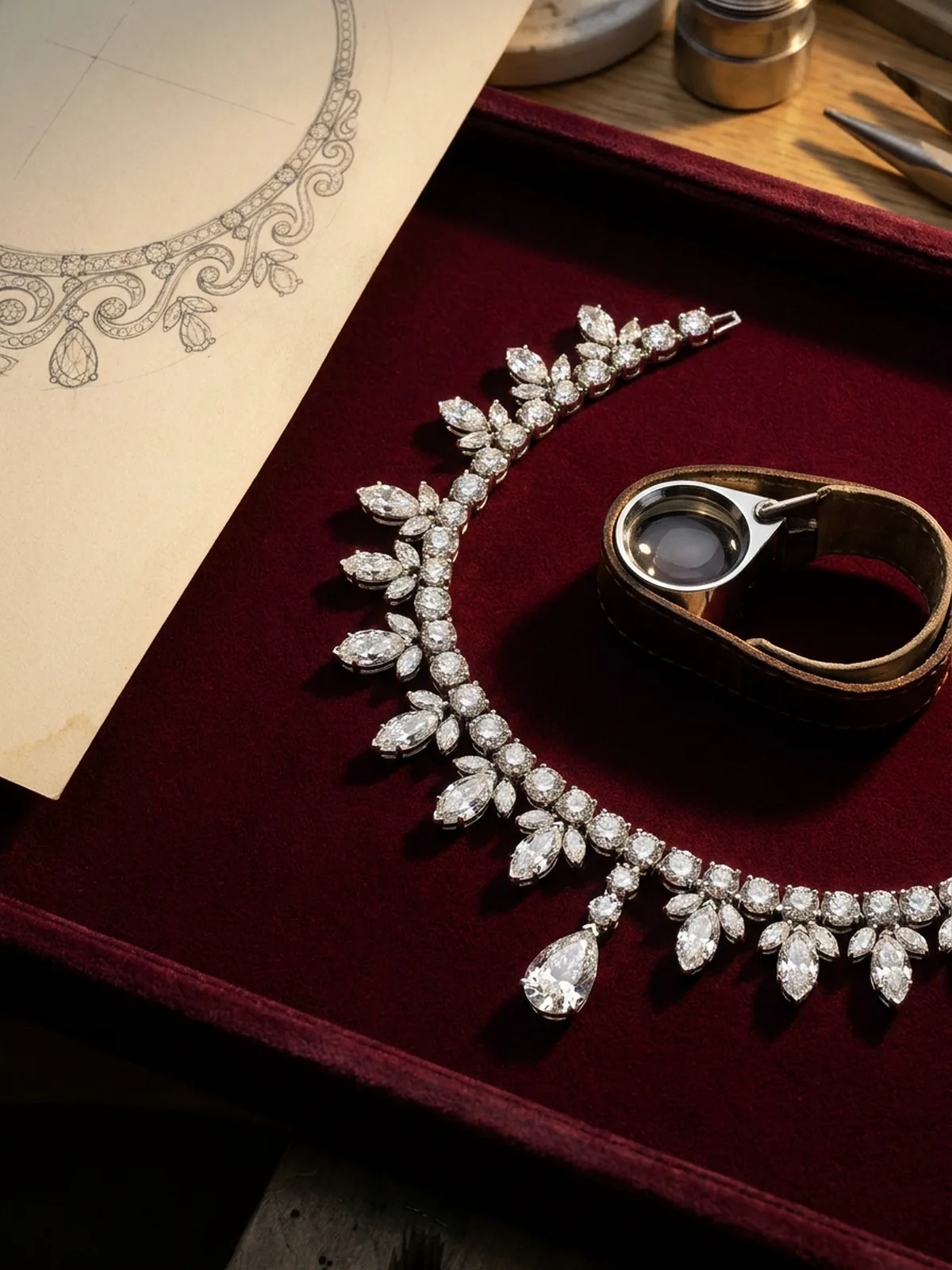 Diamond necklace laid out on burgundy velvet beside its design drawing and a jeweller's loupe.