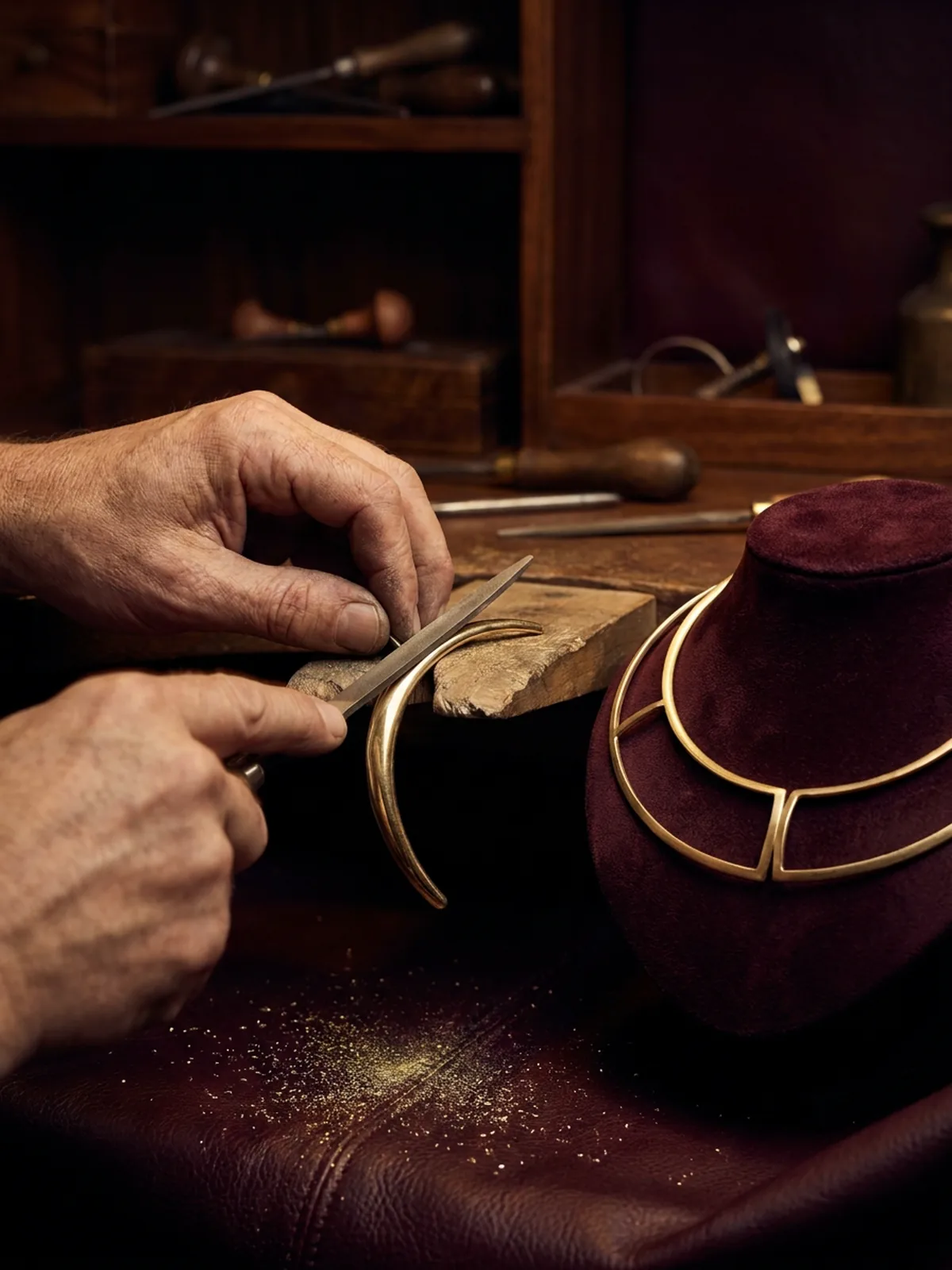 Goldsmith filing a curved gold necklace component at the bench, a shaped collar frame on a stand beside it.
