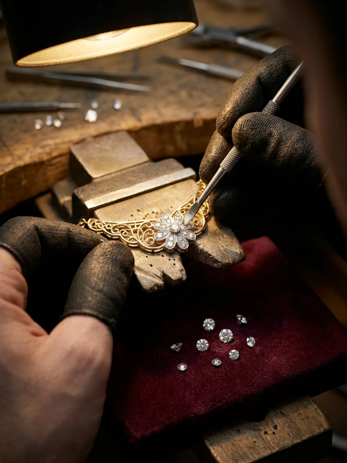Gloved setter's hands pushing metal over the diamonds at the centre of a gold filigree necklace held in a bench vice.