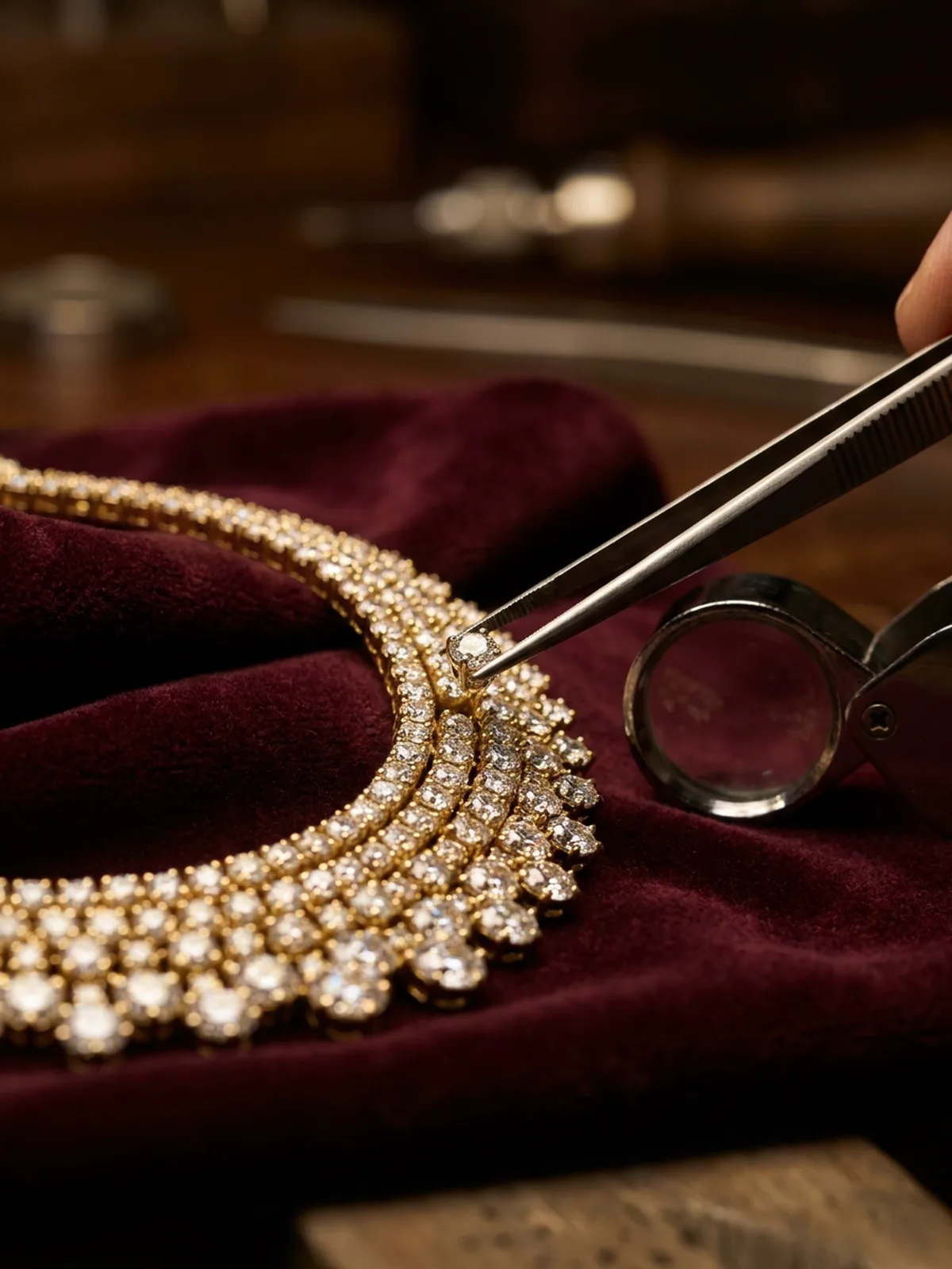 Tweezers placing the last diamond into a fully set gold diamond necklace on burgundy velvet, beside a jeweller's loupe.