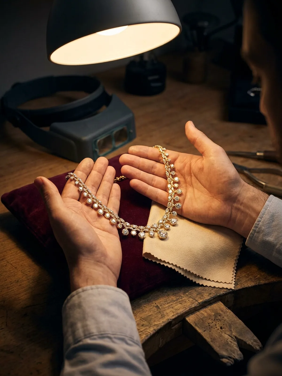 Jeweller's open hands holding a finished gold diamond necklace under a bench lamp, a polishing cloth below.
