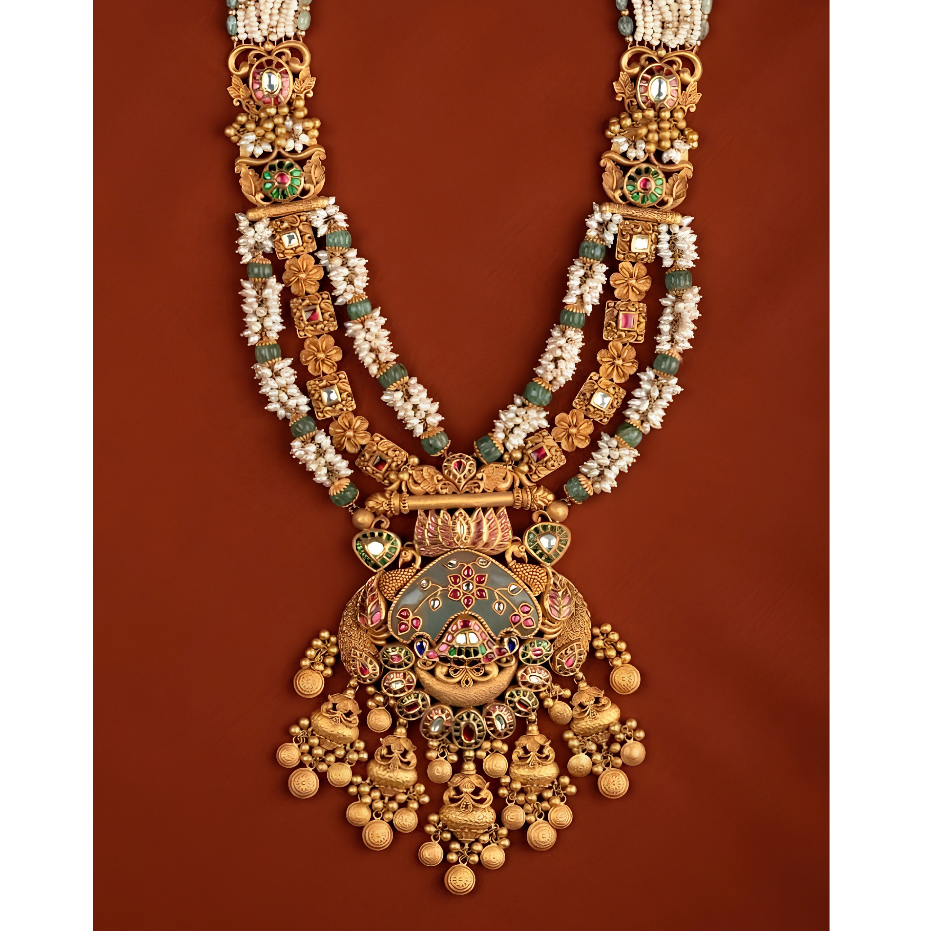 Jeweller adjusting kundan-set polki stones on a gold heritage necklace with tweezers on a wooden bench, polishing tools neatly placed beside.
