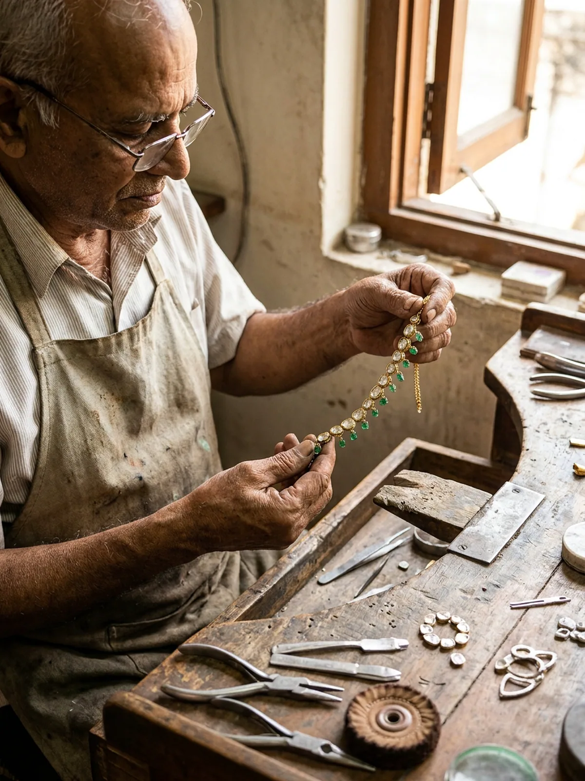 Jeweller holding a gold necklace segment set with polki stones and emeralds, with other components and a polishing tool on the bench.