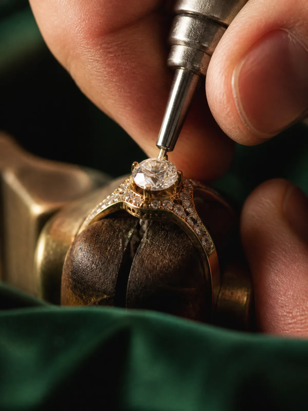 A setter securing a diamond into a gold ring with a fine tool