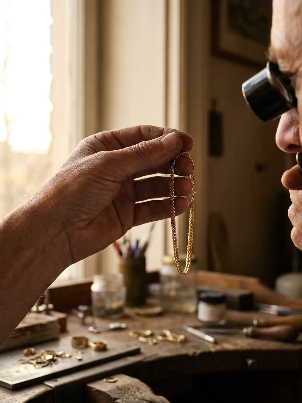Jeweller holding a gold vermeil bracelet up to warm window light.