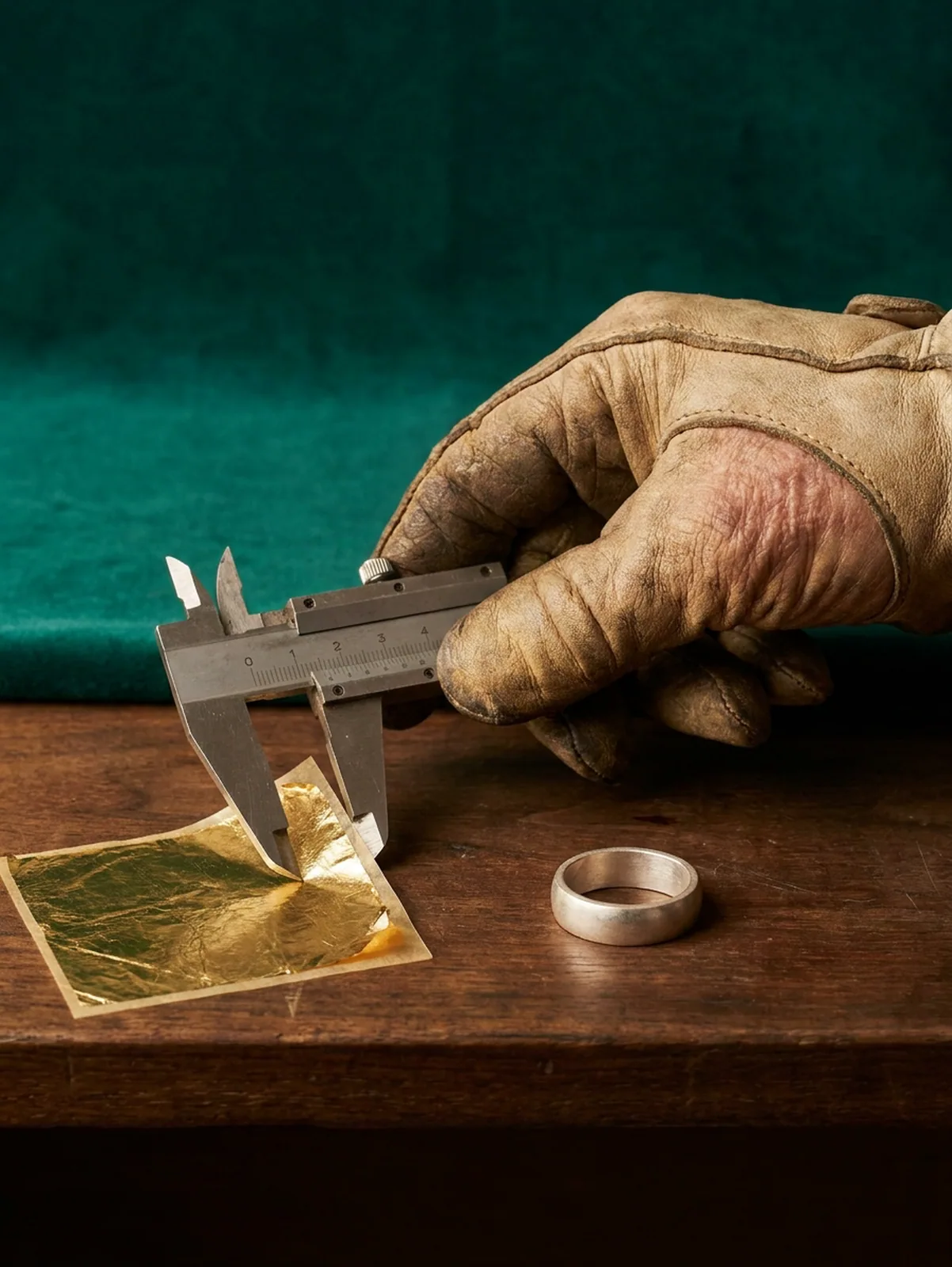 Jeweller measuring a gold leaf sheet with fine calipers beside a silver ring blank.