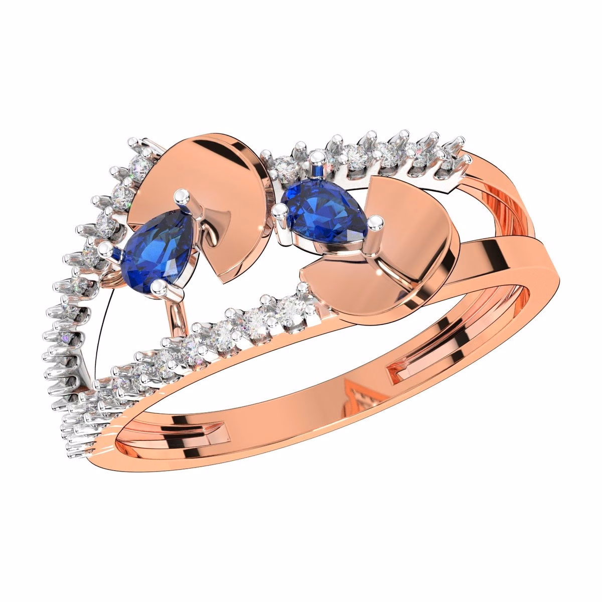 Rose gold ring with two pear-cut blue sapphires on gold leaf shapes between curved lines of diamonds.