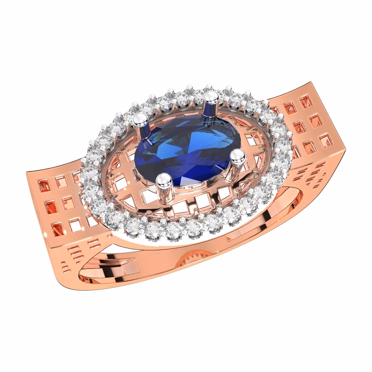 Rose gold ring with an oval blue sapphire in a diamond halo, on a latticed gold band.